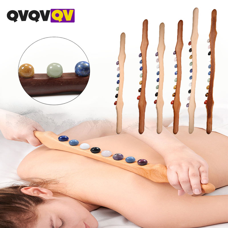 Jade Roller Gua Sha - Wood Massage Stick 10 Jade Stone